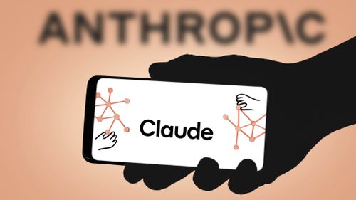 Claude on phone with Anthropic logo in the background