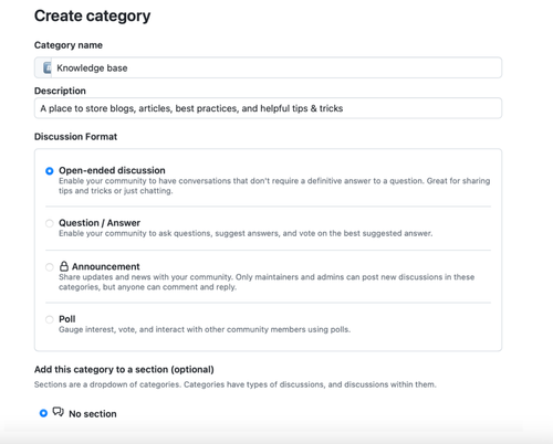 Screenshot of the form to add a new category to GitHub Discussions. The fields include category name, description, and discussion format.