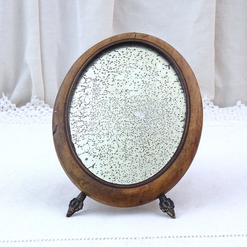 Small Antique French Inlayed Oval Wooden Free Standing or Wall Mounted Vanity Mirror, Vintage Make Up Looking Glass, Cottagecore Decor