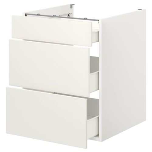 Armoire de cuisine Ikea ENHET blanche à 3 tiroirs au design moderne et minimaliste.
