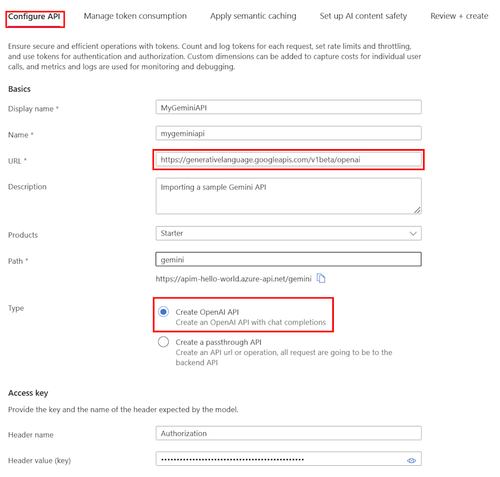 在门户中导入 Gemini LLM API 的屏幕截图。