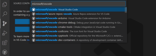 Screenshot showing the GitHub repository Quick Pick filtered on microsoft/vscode.
