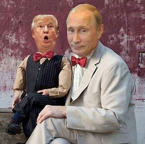 One meme suggests Putin has been putting words in Trump's mouth by portraying the Russian president as a ventriloquist with Trump as his dummy