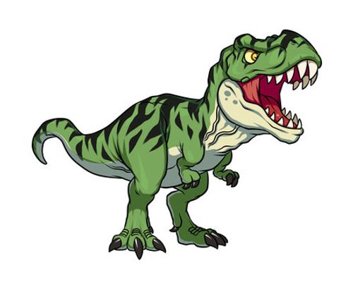 Green t rex dinosaur dino cool t-rex style 2D chibi illustration raptor art for sport logo, tshirt design, printing and esport team mascot.