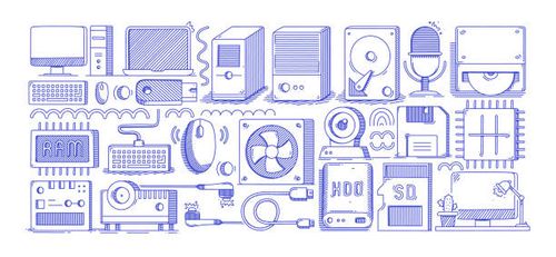 computer technology, hand drawn sketch, vector doodle line icon set. computer, microchip, mother board, cpu, hard drive, external hard disk drive, computer equipment, technology, random access memory. - computer line drawing stock illustrations