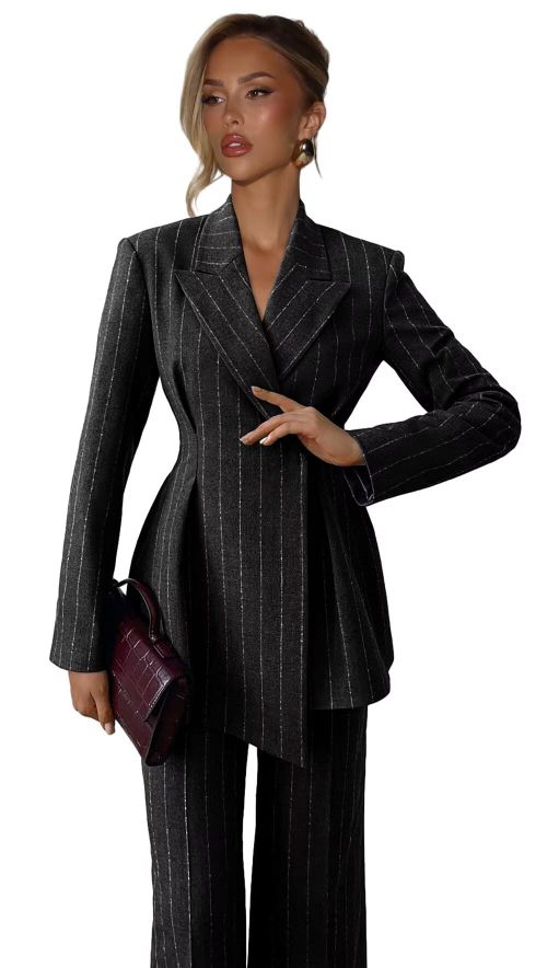 Pinstripe Pant Suits for Women Dressy Peak Lapel Womens Suit 2 Piece Blazer Pants Set Slim Fit Casual Outfits
