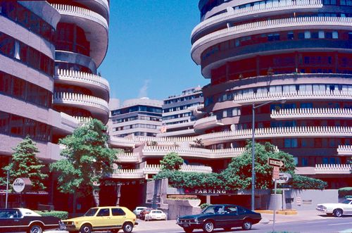 The brutalist Watergate complex with intricate, modern cement designs