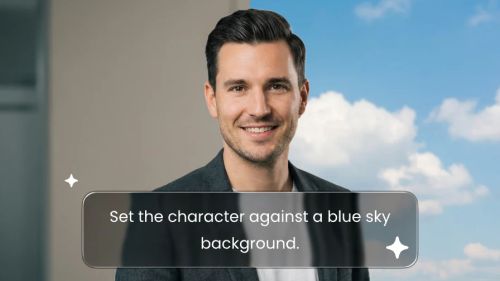 AI视频编辑界面使用文字命令将背景替换为蓝天。