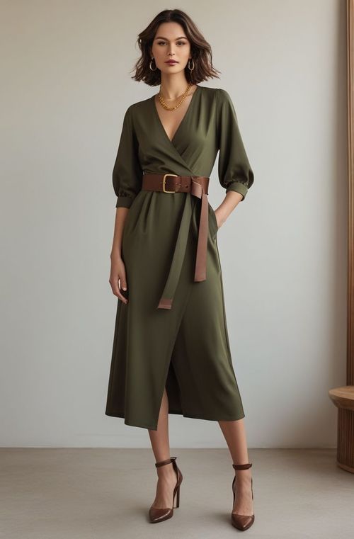A stylish deep olive wrap dress cinched at the waist with an espresso-brown belt. The look is completed with matching heels and a subtle gold necklace for a sophisticated and modern touch.  #OliveDress #EarthyTones #ChicStyle #MinimalistFashion #ElegantOutfit #TimelessLook Dark Green Dress Casual, Green Neutral Outfit, Olive Casual Dress Outfit, Olive Green Combination, Earthy Tones Outfit Womens Fashion, Elegant Olive Dress For Spring, Olive Green Summer Dress, Green Olive Dress Outfit, Olive A