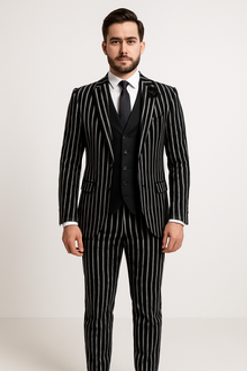 1920s Style Suit - Gangster Suit - Pinstripe Suit - Double Breasted Suits - Black and White Pinstripe