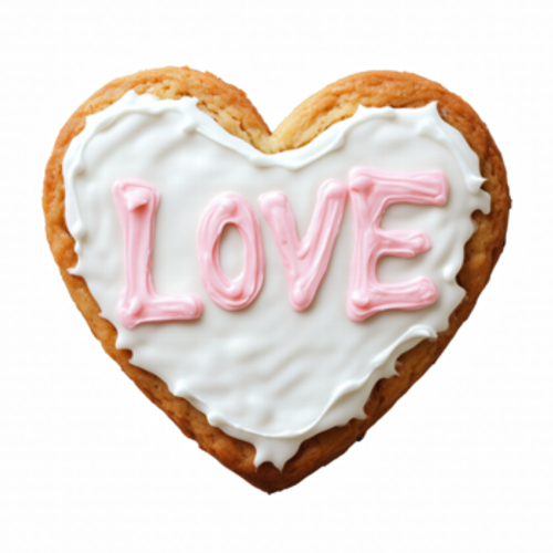 corazón conformado Galleta con blanco Formación de hielo y rosado amor texto aislado en transparente antecedentes. png
