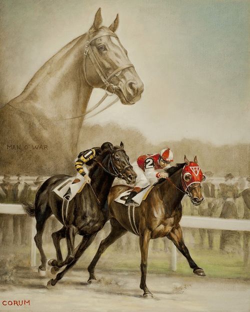 two horses racing each other on a race track