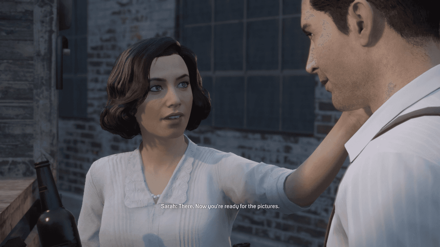 Woman touching man's cheek in dim urban alleyway — Mafia Wallpaper