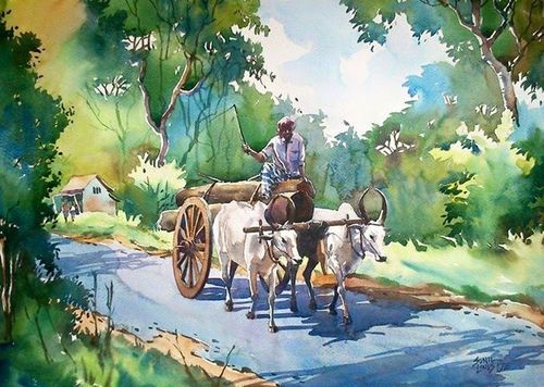 a man riding on the back of a white horse drawn carriage down a country road