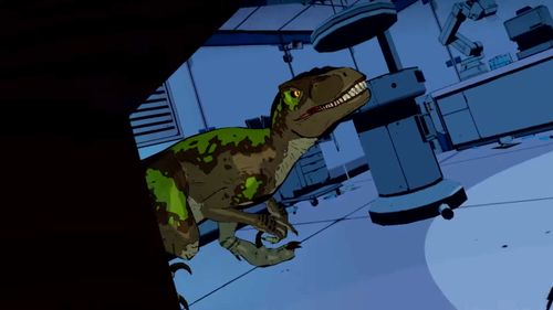 A Raptor stalking a kitchen at night during one of the best dinosaur games, Jurassic World Aftermath