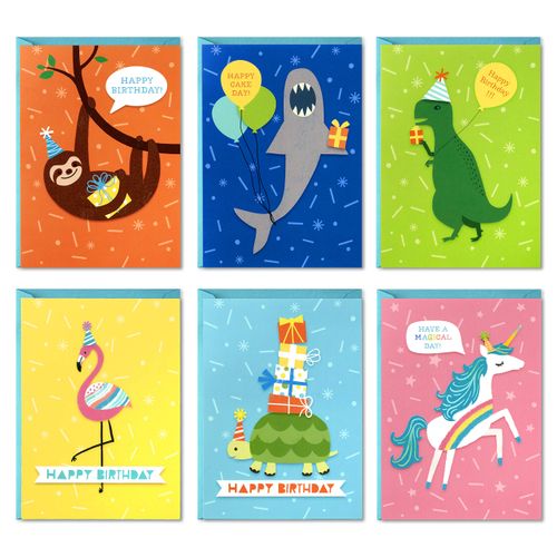 Hallmark Birthday Cards for Kids Assortment, 48 Cards with Envelopes (Dinosaurs, Sloths, Unicorns, Flamingos, Turtles, Sha...
