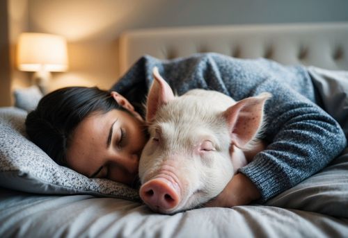 A pet pig snuggled up on a cozy bed, nestled next to its owner, both peacefully asleep