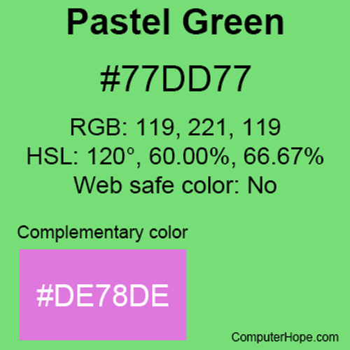 Example of Pastel Green color or HTML color code #77DD77 with complementary color #DE78DE.