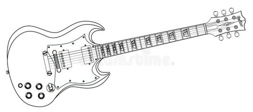 A solid body electric guitar line drawing in a white background. Guitar drawing vectors