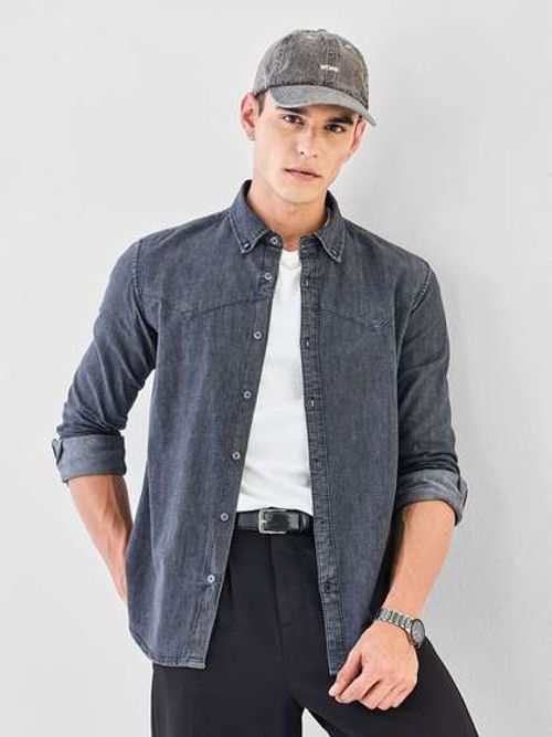 Snitch Men Solid Button-Down Collar Cotton Casual Shirt