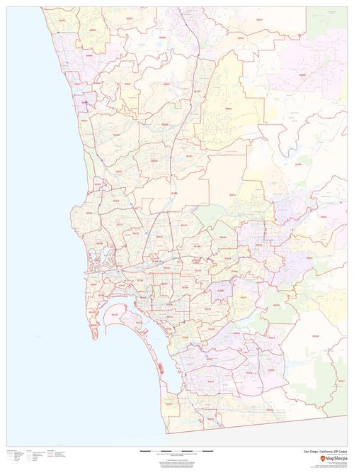 San Diego, California Zip Codes - 36" x 48" Laminated Wall Map