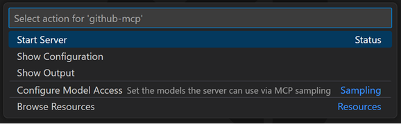 Screenshot showing the actions for an MCP server in the Command Palette.