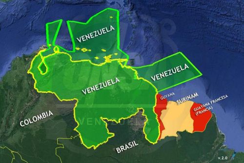 a map showing the location of venezuela in green and other countries with red highlighted areas
