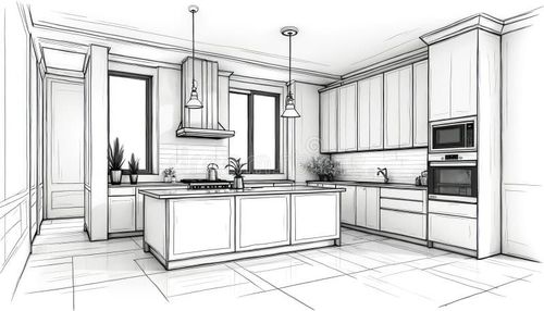 Modern kitchen design sketch, architectural drawing of home interior. Features clean lines, white cabinets, granite countertop, central island stainless steel appliances. Floor plan. Modern kitchen drawing illustrations