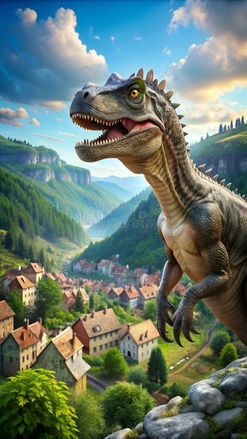 Ceratosaurus dinosaur looks village. photo. 4K Portrait front view 8K. HD Image Background. Hd dinosaur images illustrations