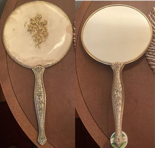 Vintage Gold & Silver Toned Hand Held Vanity Mirror With Floral Design - Image 1 of 4