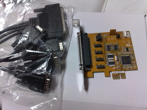 A four-port serial (RS-232) PCI Express ×1 expansion card with an octopus cable that breaks the card's DC-37 connector into four standard DE-9 connectors