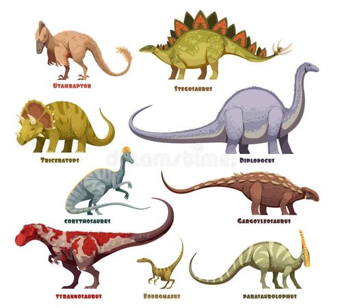 Dinosaurs colored cartoon set with text description isolated on white background vector illustration. Dinosaurs names vectors