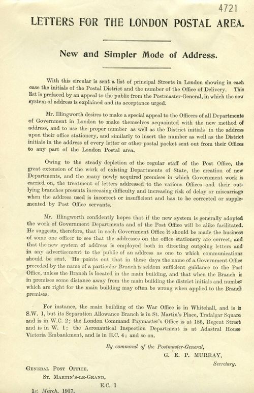po notice 1917 re london postal district number codes