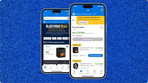 Image shows two phone screens. The phone screen in the background shows Black Friday Deals on Walmart.com. The second phone screen in the foreground shows "My Saved Deals" or "My Items" with heart.