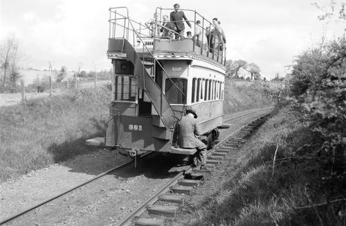 Horse-drawn tram by Patrick Ransome-Wallis, 1950. Trams were first used in Britain in the 1850s in Liverpool. Early trams were pulled by horses...