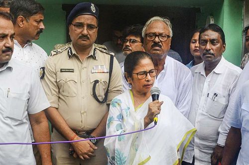 West Bengal Chief Minister Mamata Banerjee addresses the media after meeting parents of a postgraduate trainee doctor who was sexual assaulted and killed in Kolkata, at Panihati in North 24 Parganas, Monday, Aug. 12, 2024.
