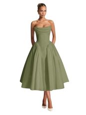 Cudiew Midi Corset Formal Dress Satin Strapless Prom Dress Tea Length for Women Dusty Sage A Line Ruched Bodycon Cocktail Party Gowns Summer US8