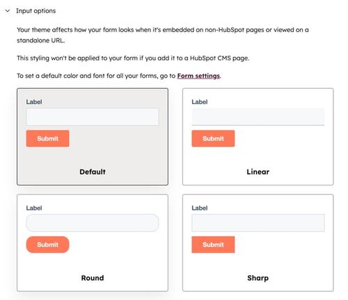The form editor, showing the Style &amp; preview tab and highlighting the theme input options.