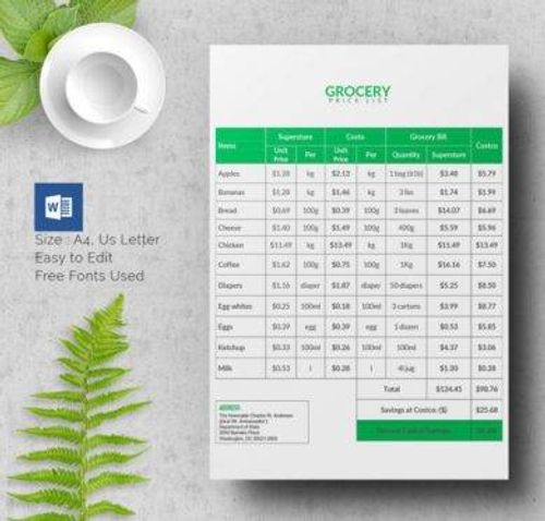 Grocery Price List Template