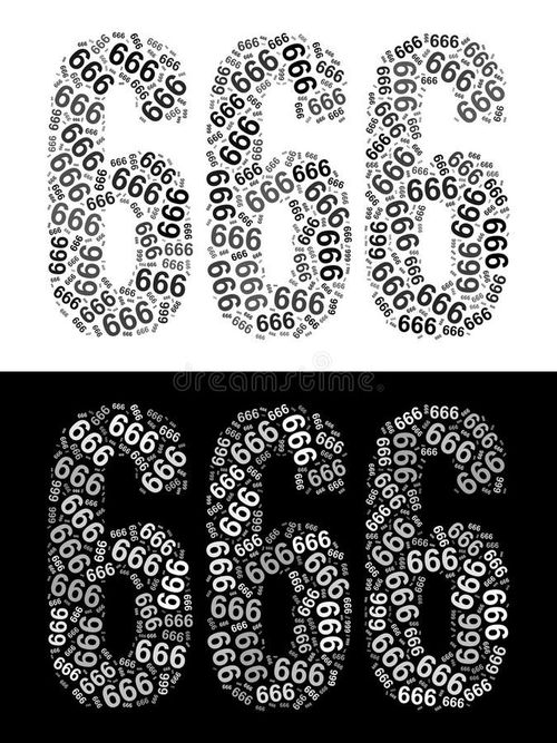 Typography illustration of the number 666 forming large bold digits with repeating patterns on white and black backgrounds. 666 illustrations