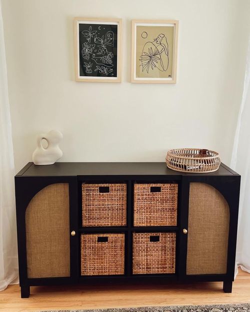 Black painted ikea kallax sideboard hacks & ideas with woven cane door panels and rattan storage baskets from @tinalemac