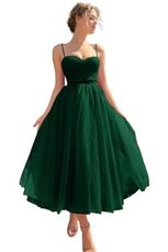 A line Ruched Tulle Prom Dress Spaghetti Straps for Women, Tea Length Sweetheart Homecoming Dress Cocktail Dress Hunter Green