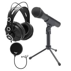 SAMSON Q2U Black Handheld Dynamic USB Microphone Bundle with Pop Filter and Closed Back Over-Ear Headphones (3 Items)