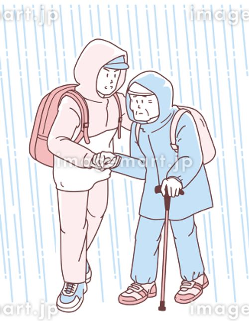 水害時に高齢者を介助して避難する男性のイラスト リュックサック,レインコート,おじいさんのイラスト素材