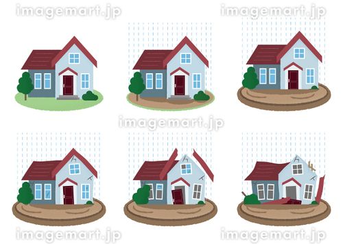 水害に遭う住宅のベクターイラストセット ゲリラ豪雨,住宅ローン,ダメージのイラスト素材