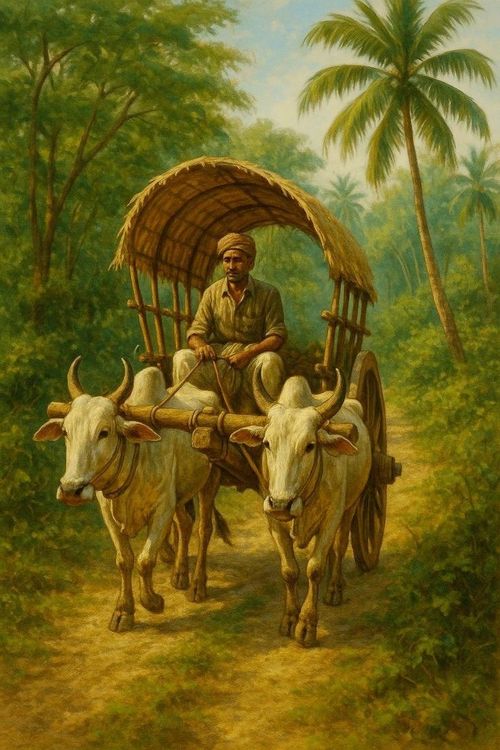 a man riding on the back of a cart pulled by two oxen down a dirt road