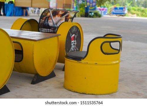 Oil drum furniture, oil drums are recycled, environmentally friendly concepts using unused objects  in the exhibition of recyclable waste innovation contest ,Udon Thani,Thailand, 19 Septemb 2019 Editorial Stock Photo