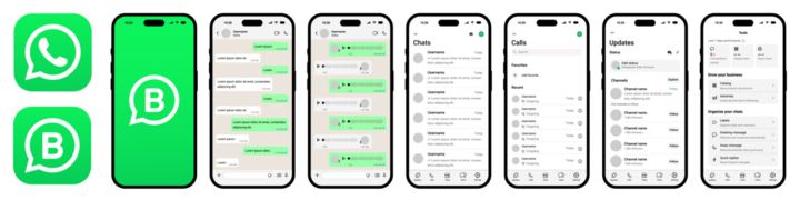 WhatsApp Business social media mobile app UI template mockup with smartphone frame, chat interface, voice note, call list, status, setting screen, and WhatsApp logo icons vector illustration