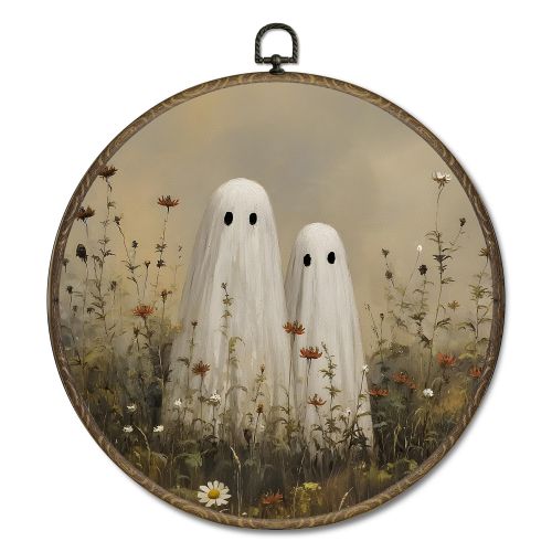 OINDADE Vintage Ghost Halloween Round Wall Art Decor, Dark Fall Cottagecore Ghost Floral Wall Art Hanging Decor, Vintage Hall