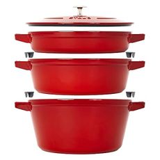 STAUB Cast Iron Set 4-pc, Stackable Space-Saving Cookware Set, Dutch Oven, Skillet, Grill Pan with Universal Lid, Made in France, Cherry
